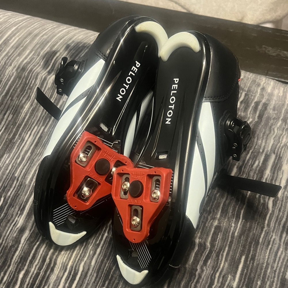 Peloton Black and White Cycling Shoes with Red Cleats